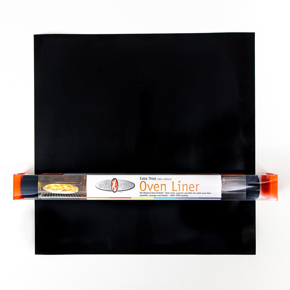 Bake-O-Glide extra thick oven liner, a black non-stick sheet with its rolled packaging