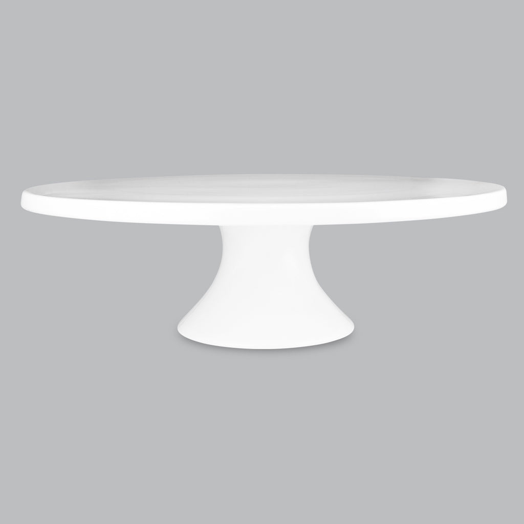 Wilkie Brothers cake stand in white porcelain with a wide flat top and a pedestal base