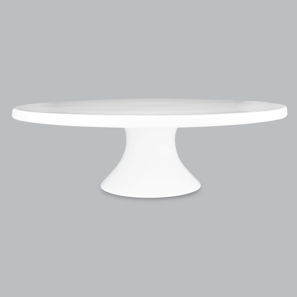 Wilkie Brothers cake stand in white porcelain with a wide flat top and a pedestal base