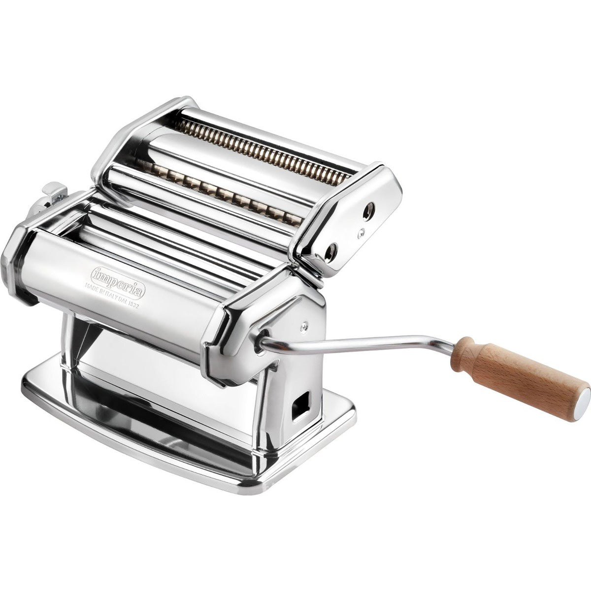 Imperia SP150 pasta maker in chrome with a crank handle and a wooden grip