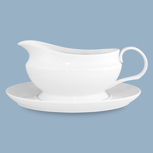 Wilkie Brothers Cuisine 550ml gravy boat in white new bone porcelain with a matching saucer