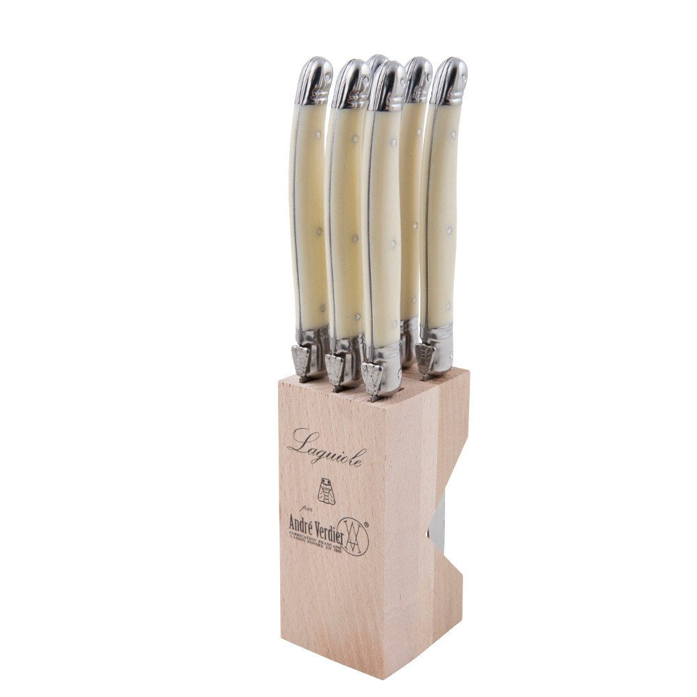 Andre Verdier Laguiole six piece steak knife set with ivory handles in a pale wood block