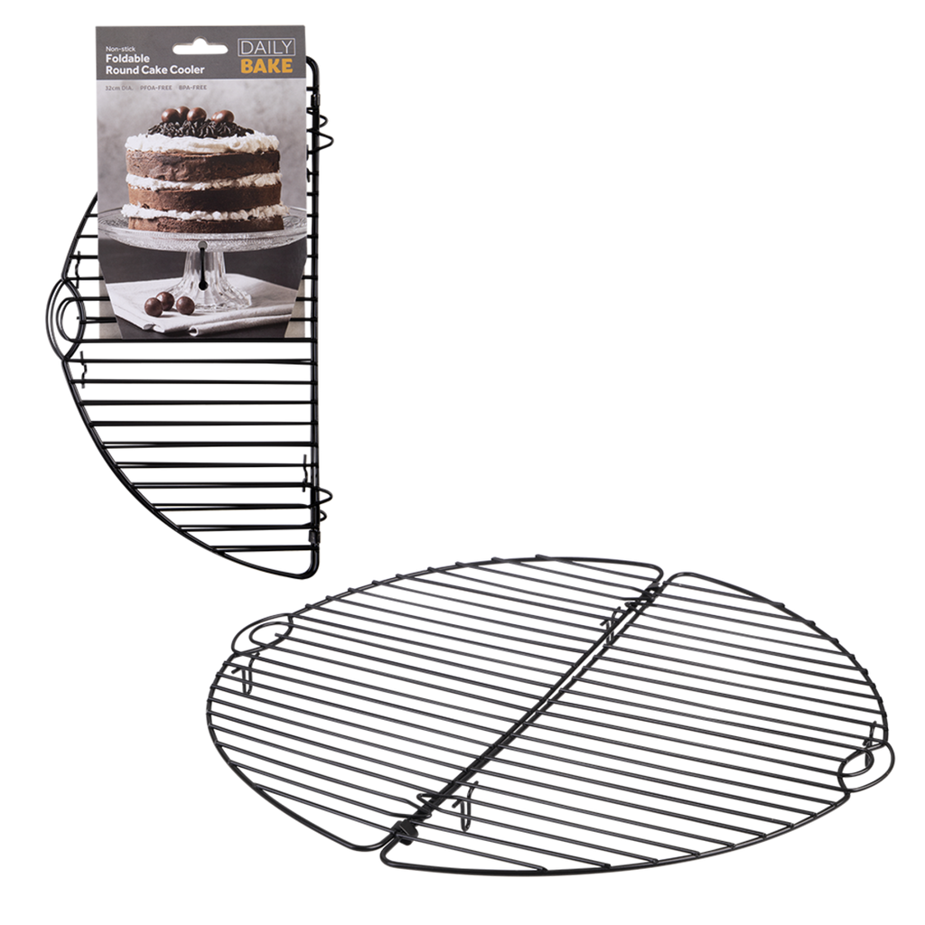 Daily Bake non-stick foldable round cake cooler, a black wire rack that folds in half, shown beside its label