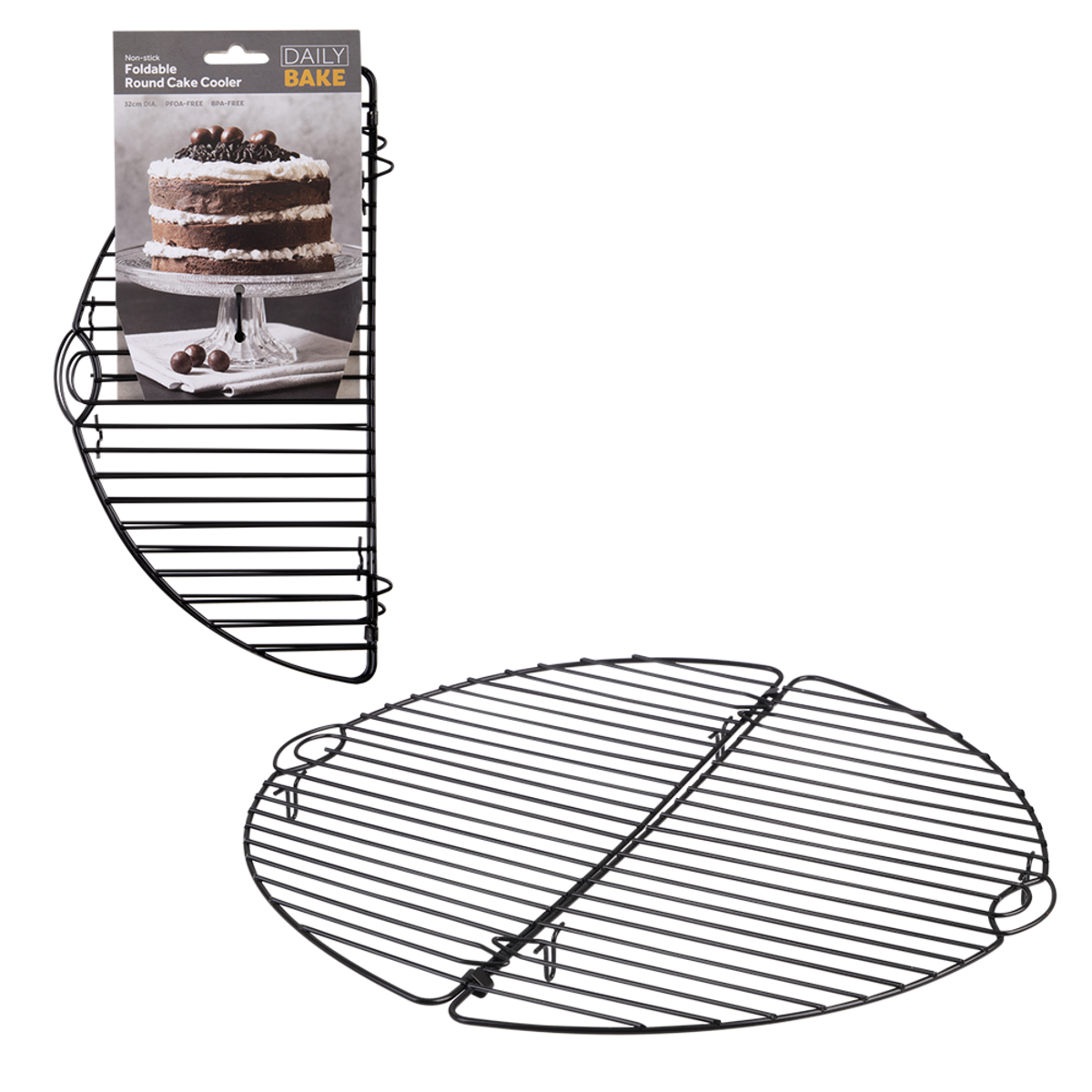 Daily Bake non-stick foldable round cake cooler, a black wire rack that folds in half, shown beside its label