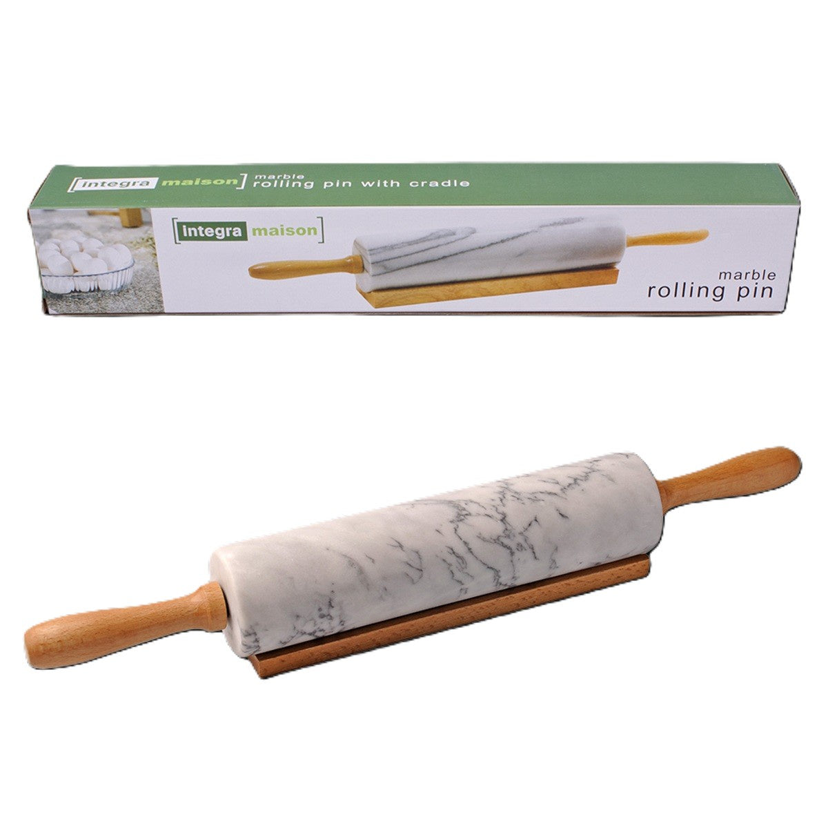 Integra Maison marble rolling pin with wooden handles and a wooden cradle, shown with its box