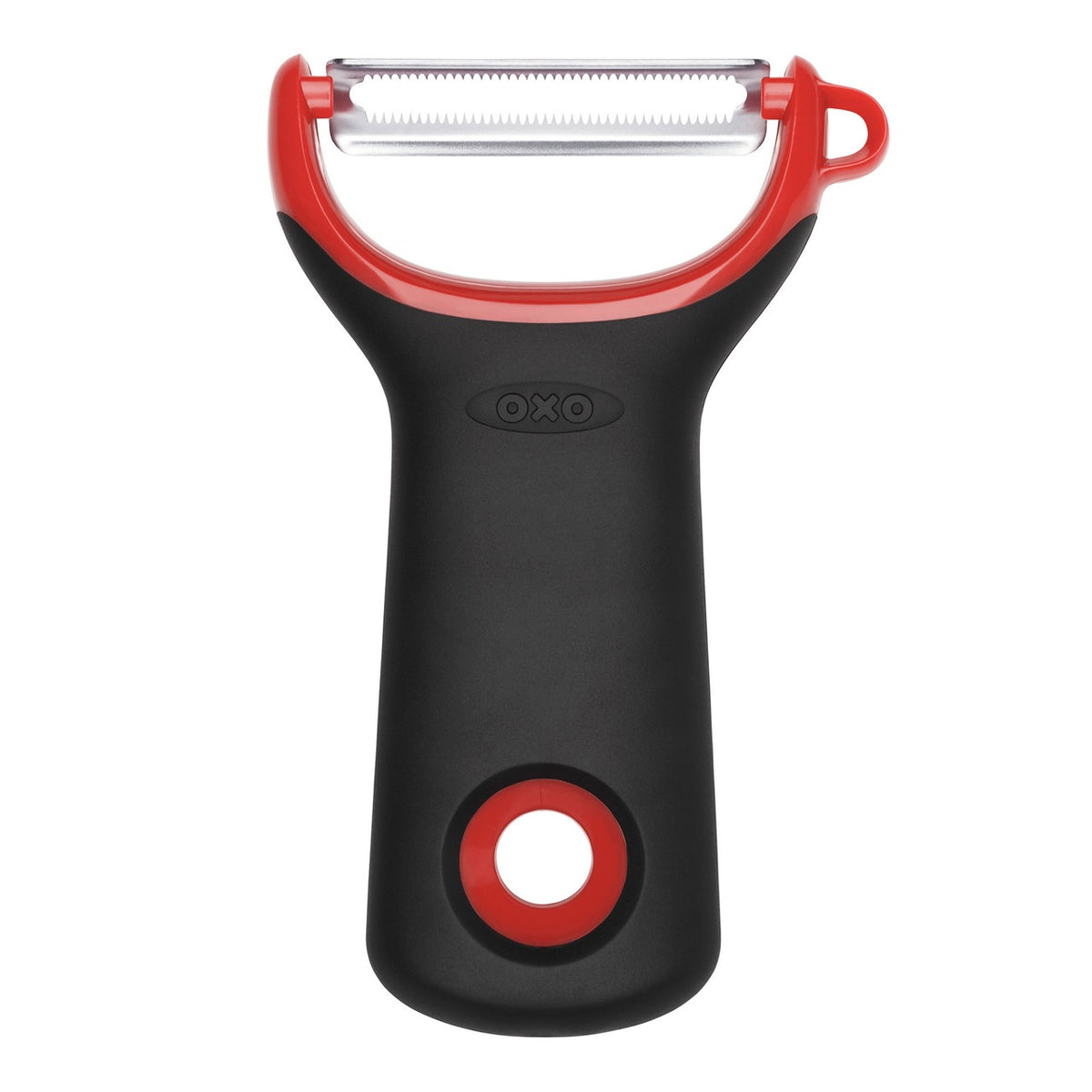 OXO serrated prep peeler with a black handle, red trim and a serrated stainless steel blade