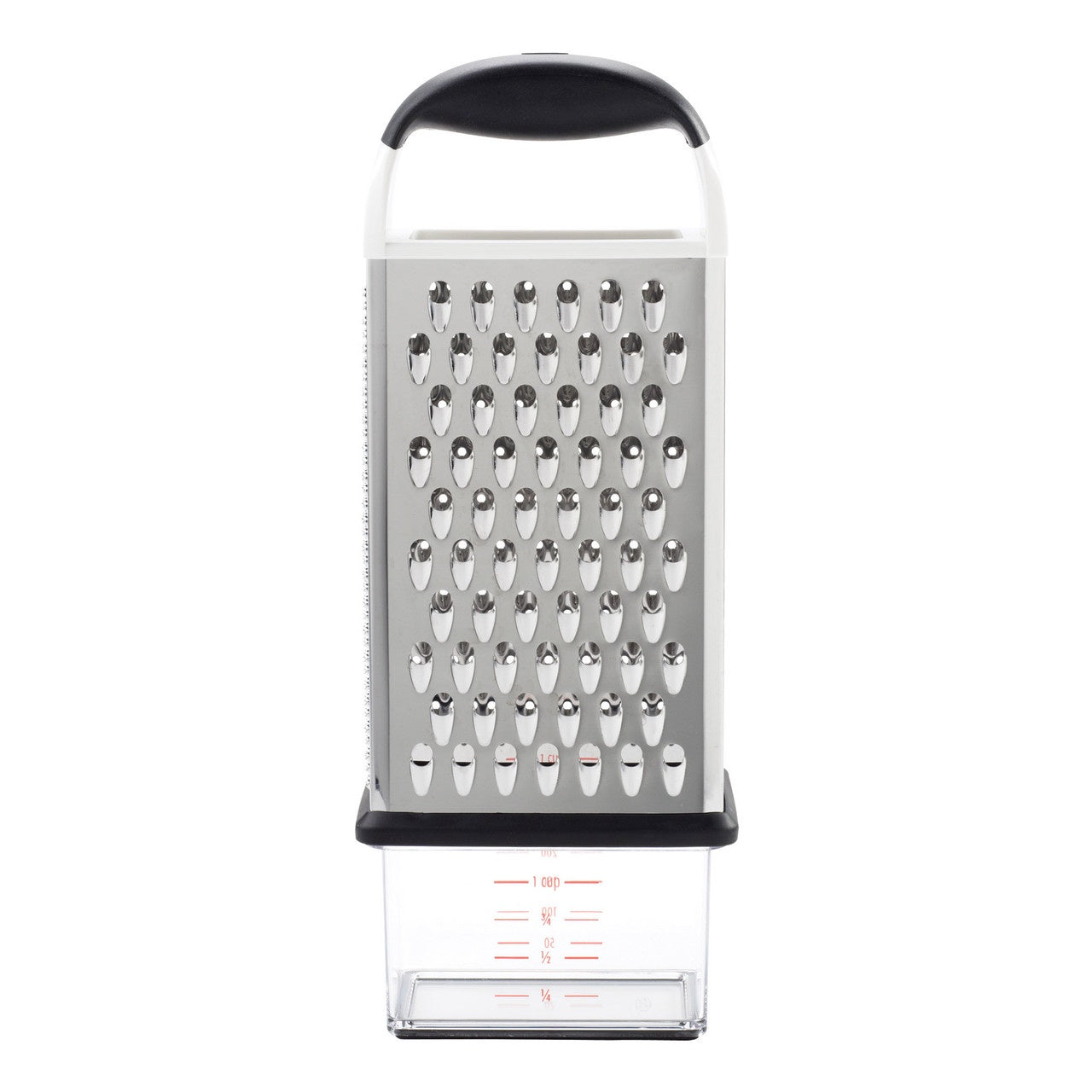 OXO Good Grips box grater with a black handle and a measuring cup base