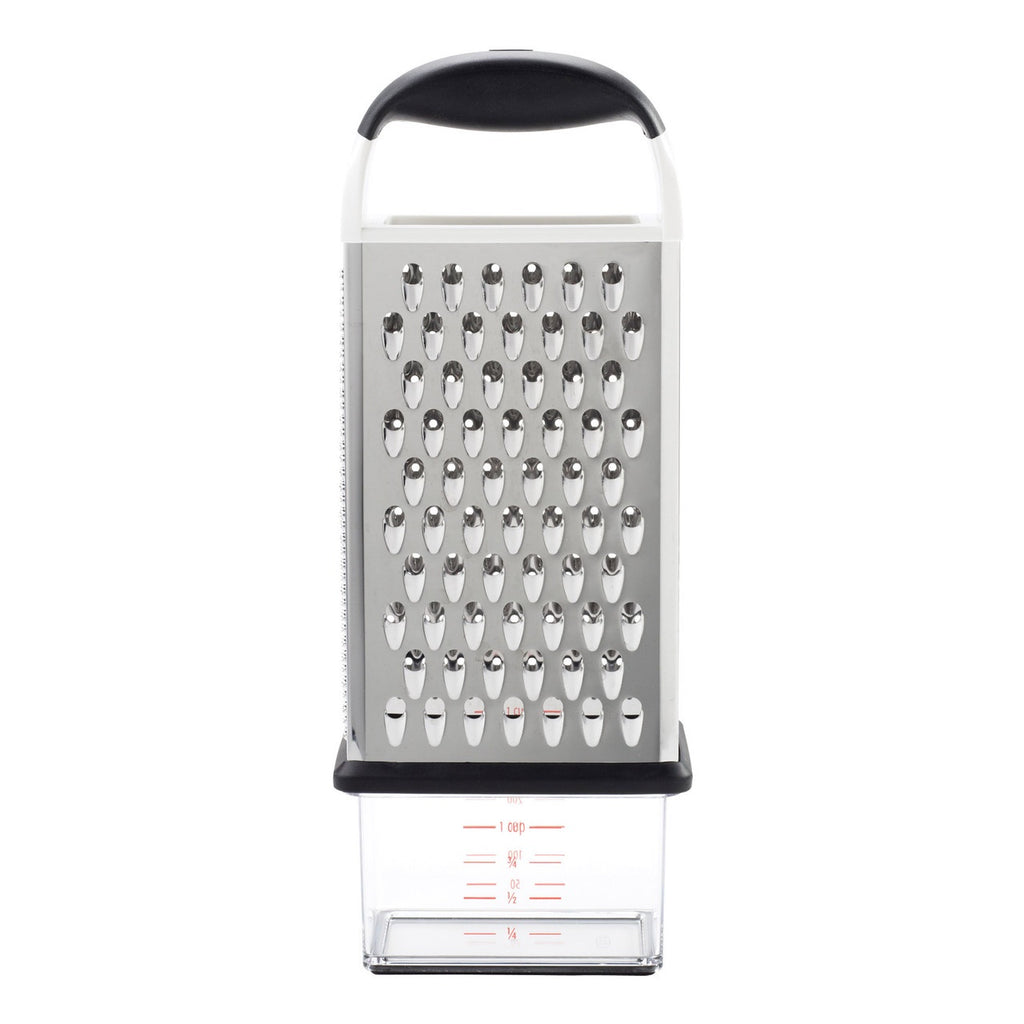 OXO Good Grips box grater with a black handle and a measuring cup base