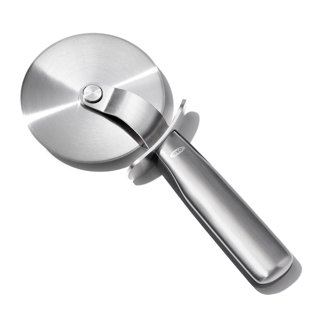 OXO Good Grips stainless steel pizza wheel with a large round blade and a steel handle
