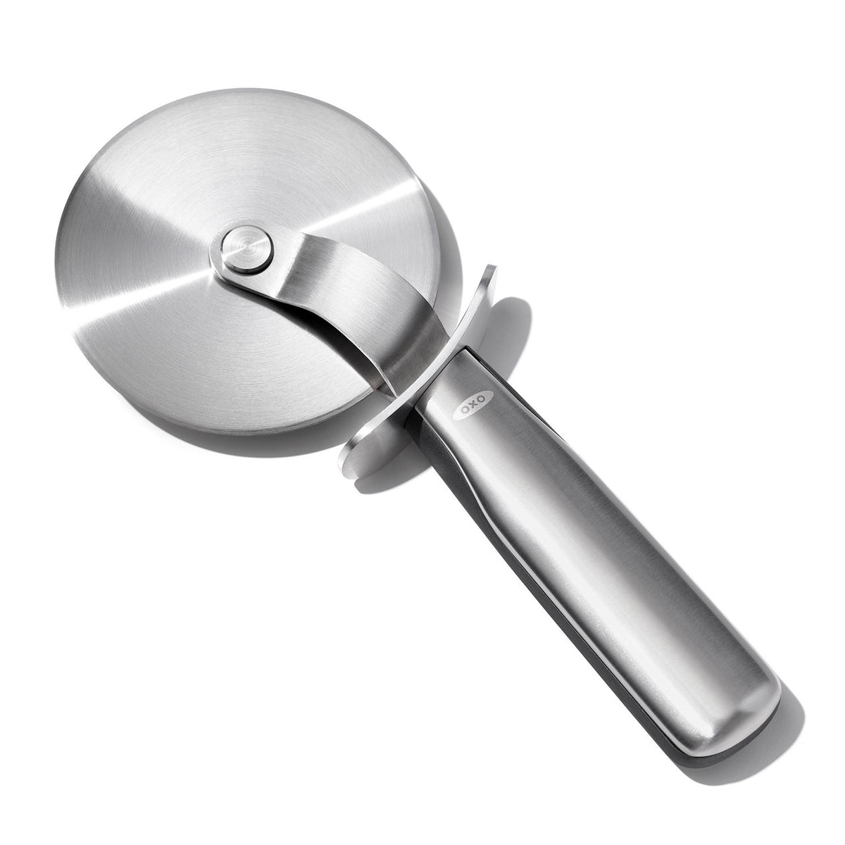 OXO Good Grips stainless steel pizza wheel with a large round blade and a steel handle