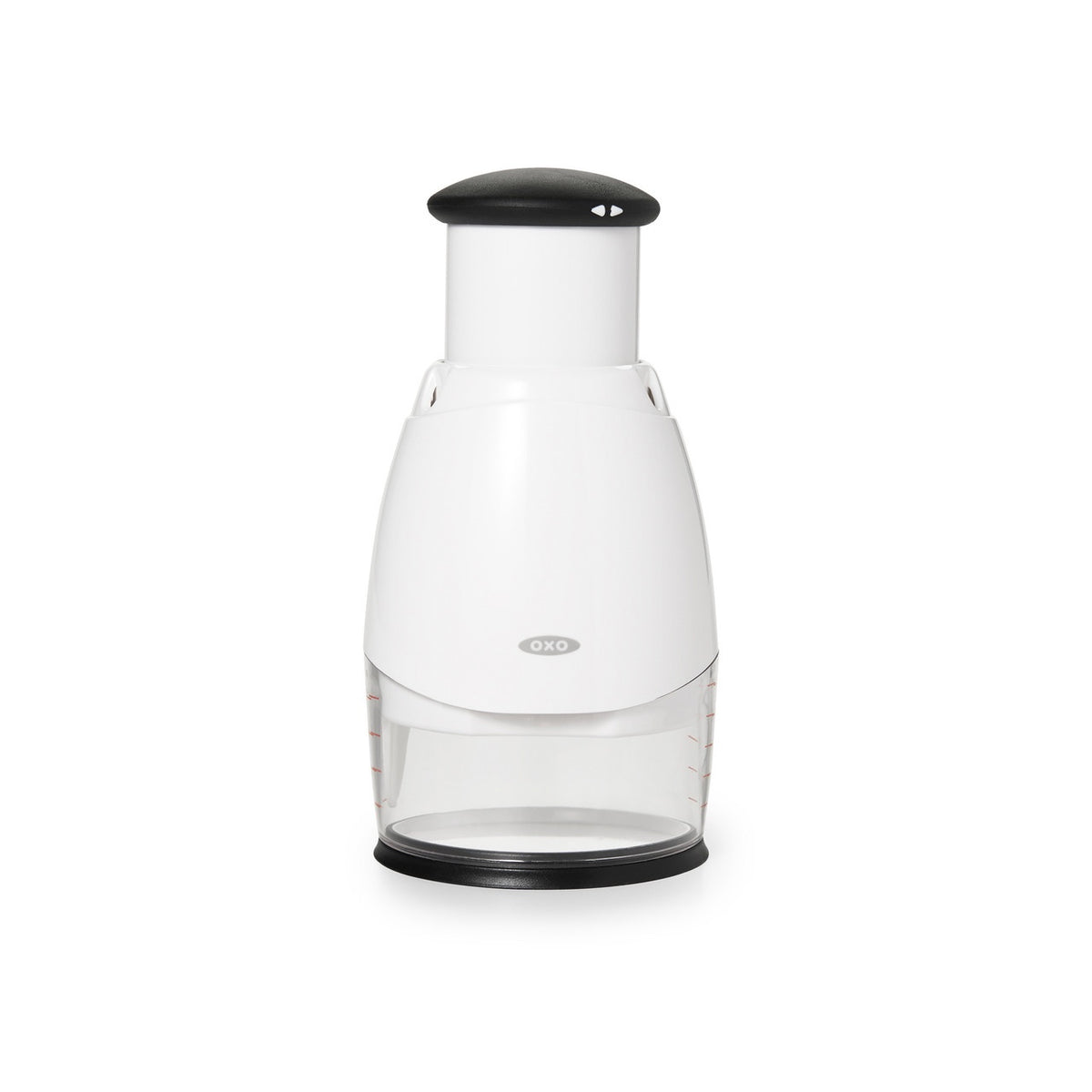 OXO Good Grips chopper in white with a black push top and a clear base