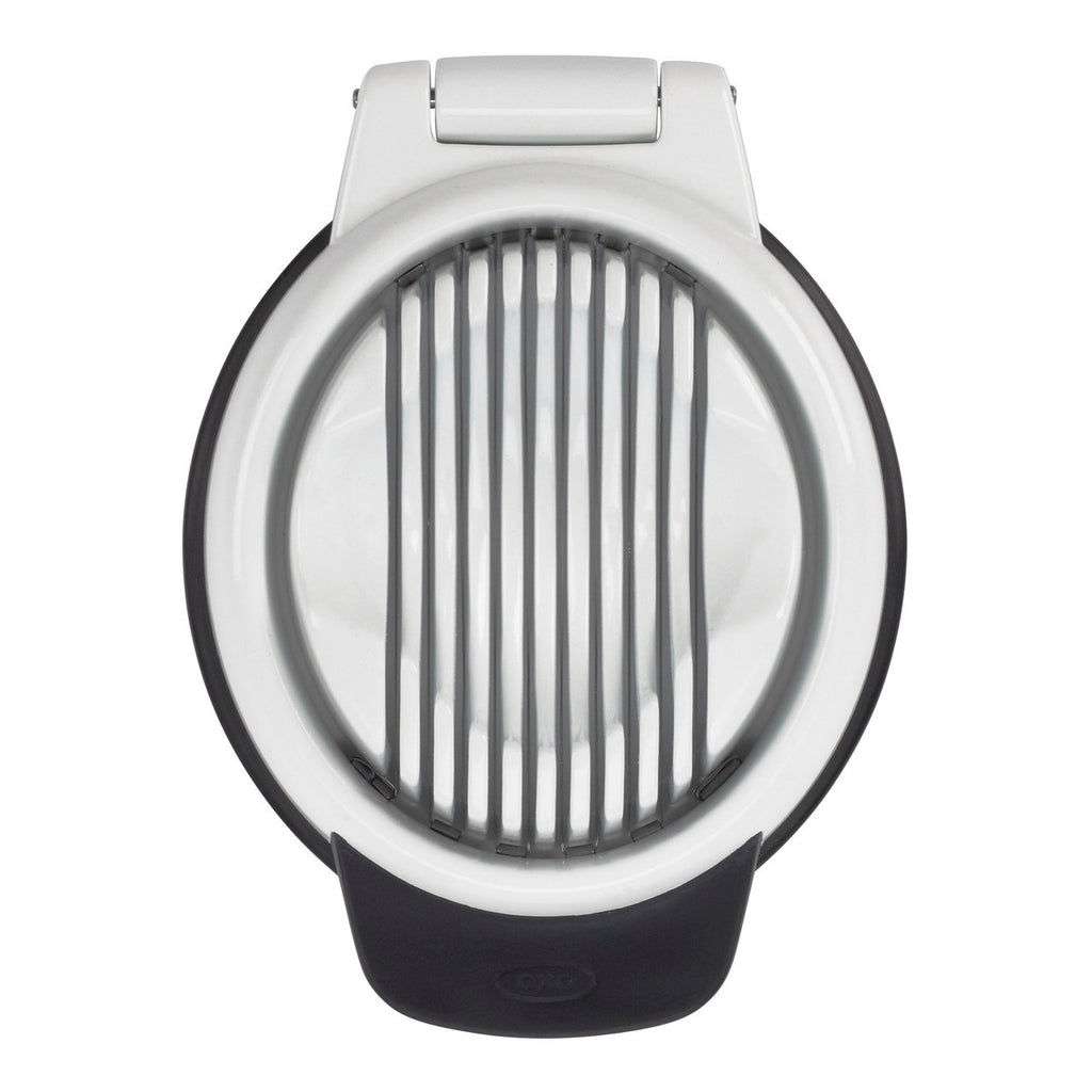 OXO Good Grips egg slicer in white and black with stainless steel wires