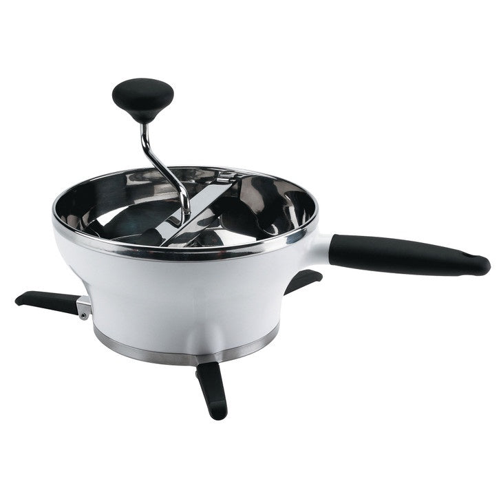 OXO Good Grips food mill in white and stainless steel with a crank handle and fold-down legs
