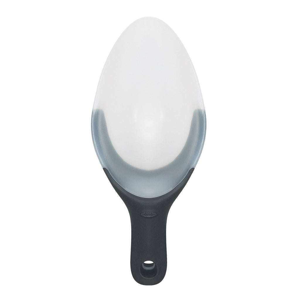 OXO Good Grips flexible scoop in white and grey with a slim handle