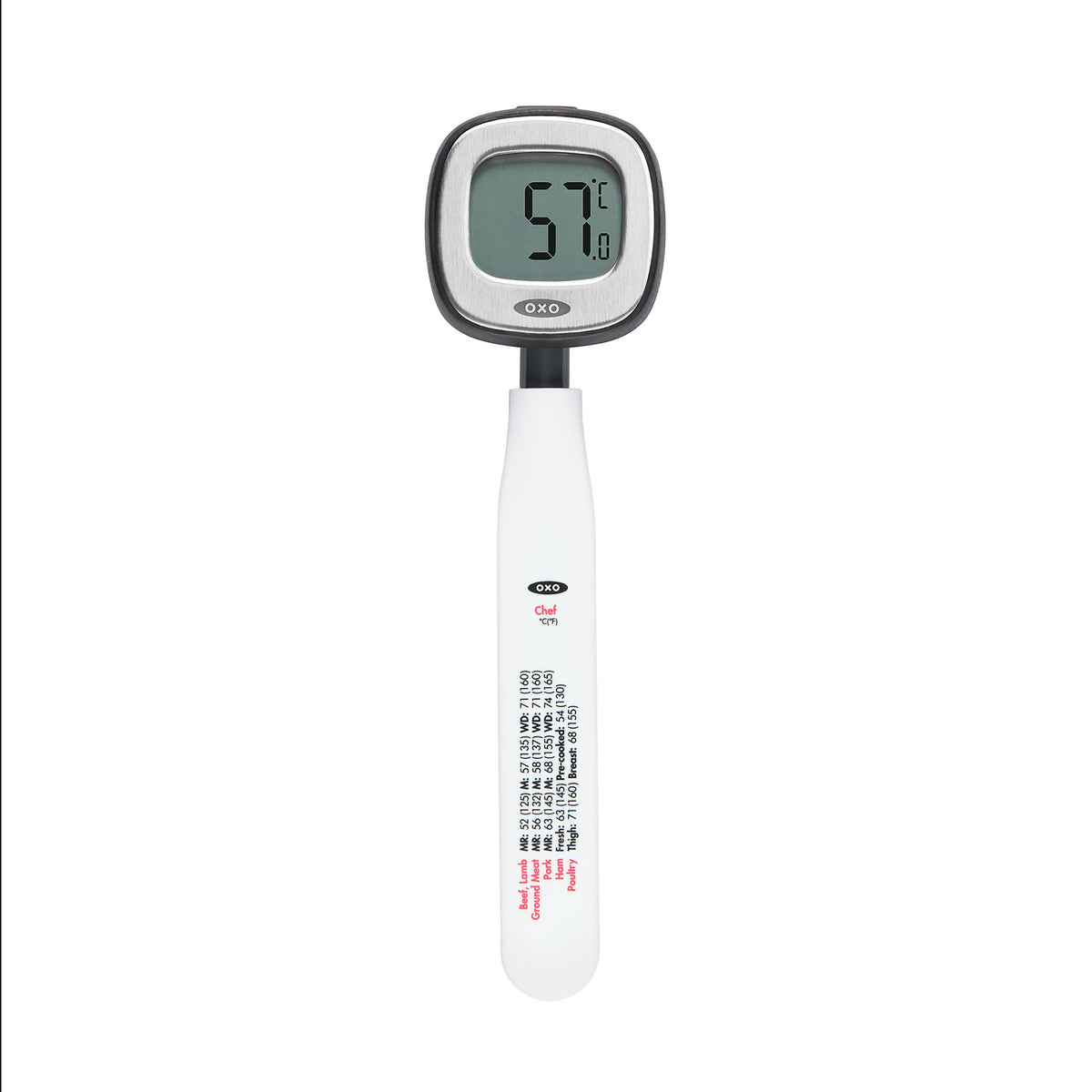 OXO Good Grips Chef's Precision digital instant read thermometer with a white handle and a display showing 57 degrees