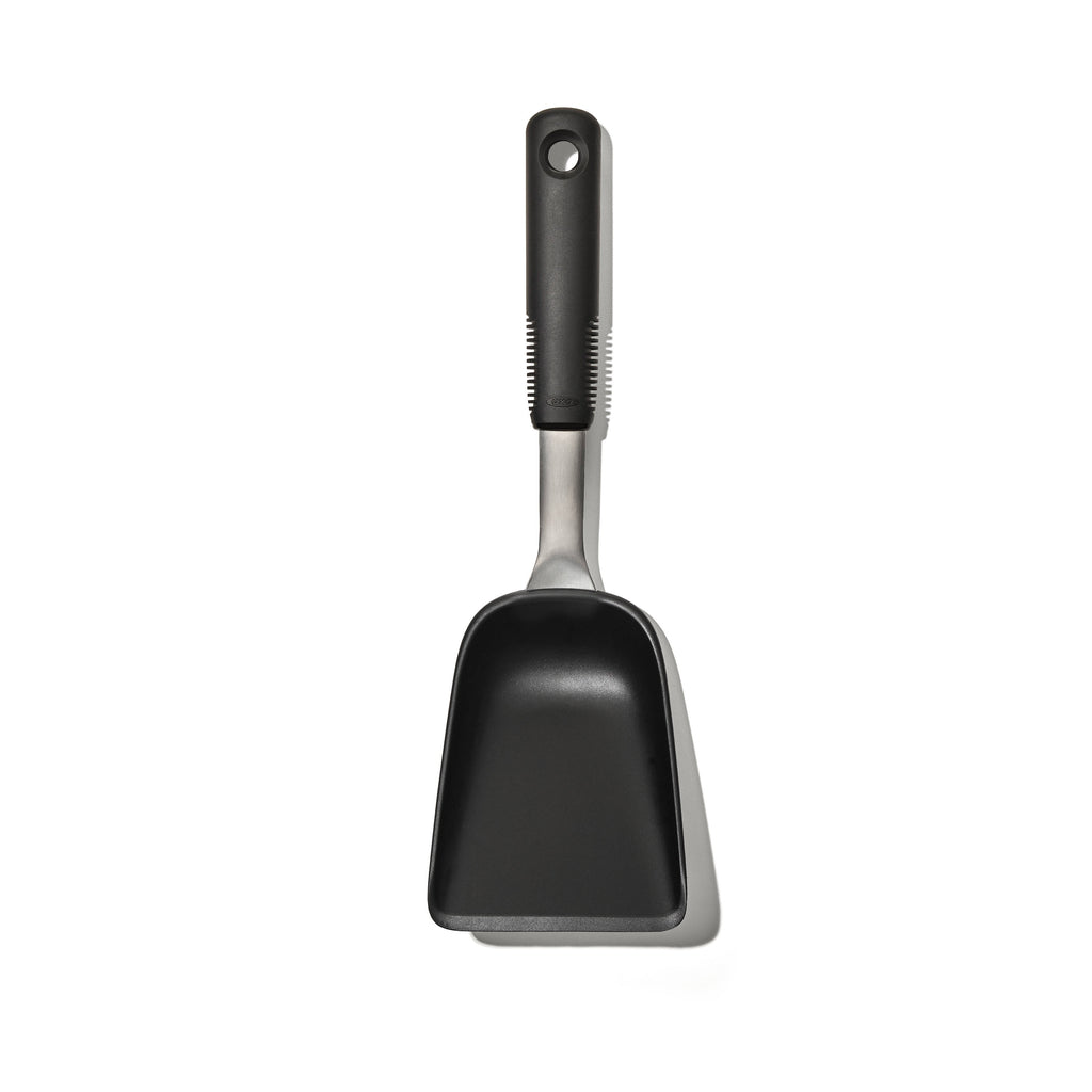 OXO Good Grips roast and fry scoop with a black handle and a curved steel scoop