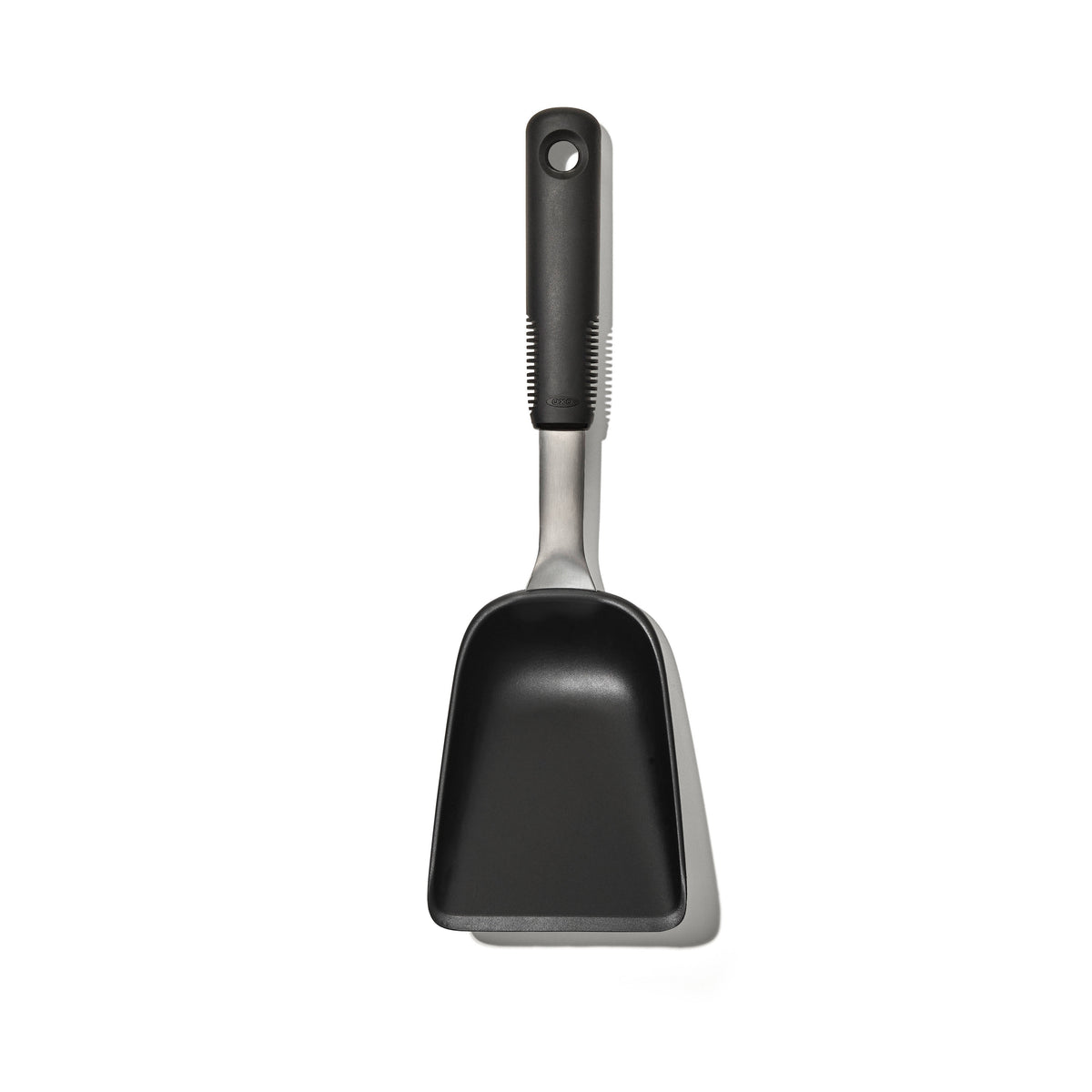 OXO Good Grips roast and fry scoop with a black handle and a curved steel scoop