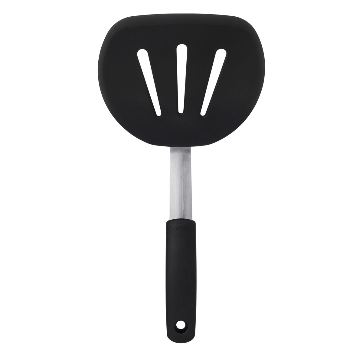 OXO Good Grips silicone flexible pancake turner in black with a slotted head