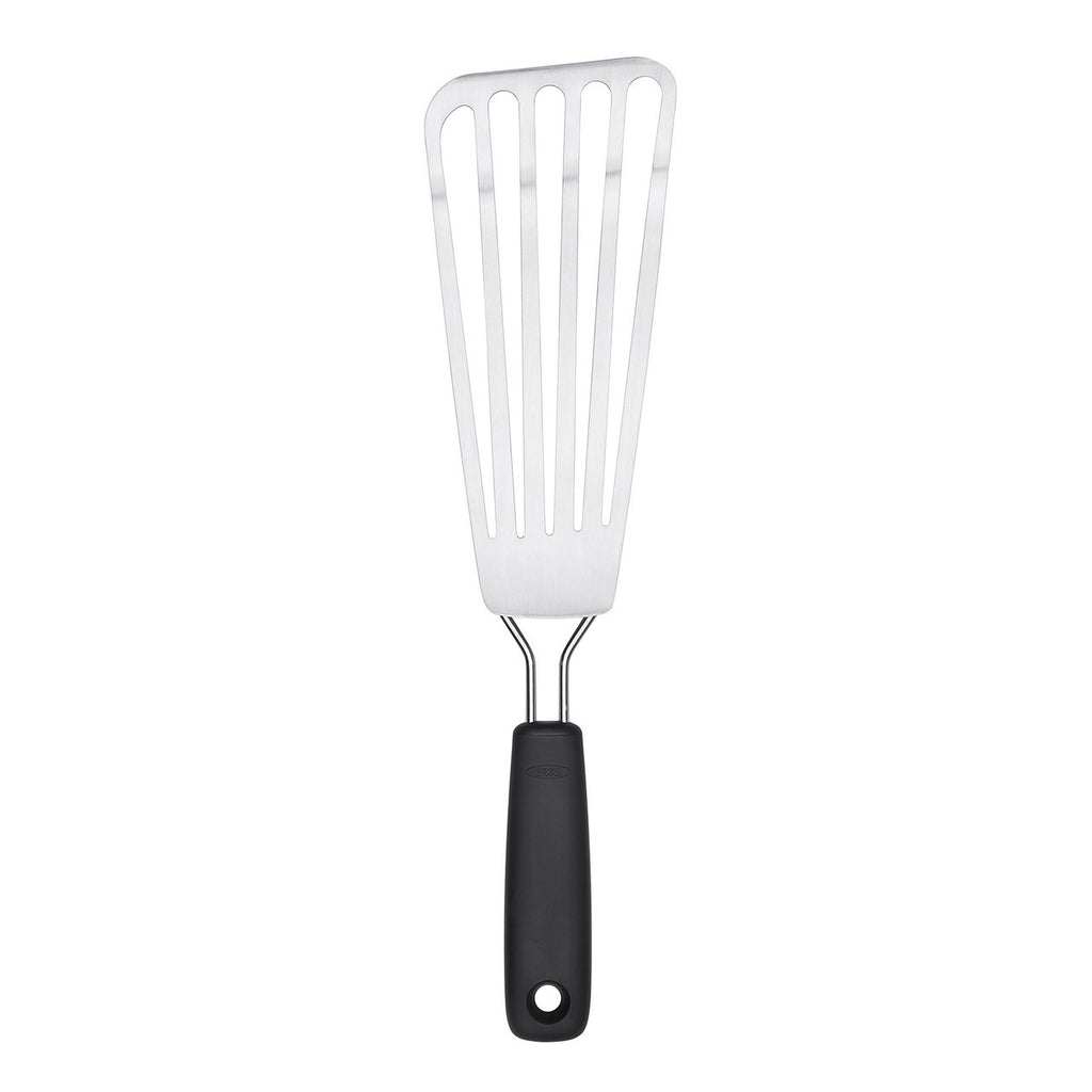 OXO Good Grips stainless steel fish turner with a slotted head and a black handle
