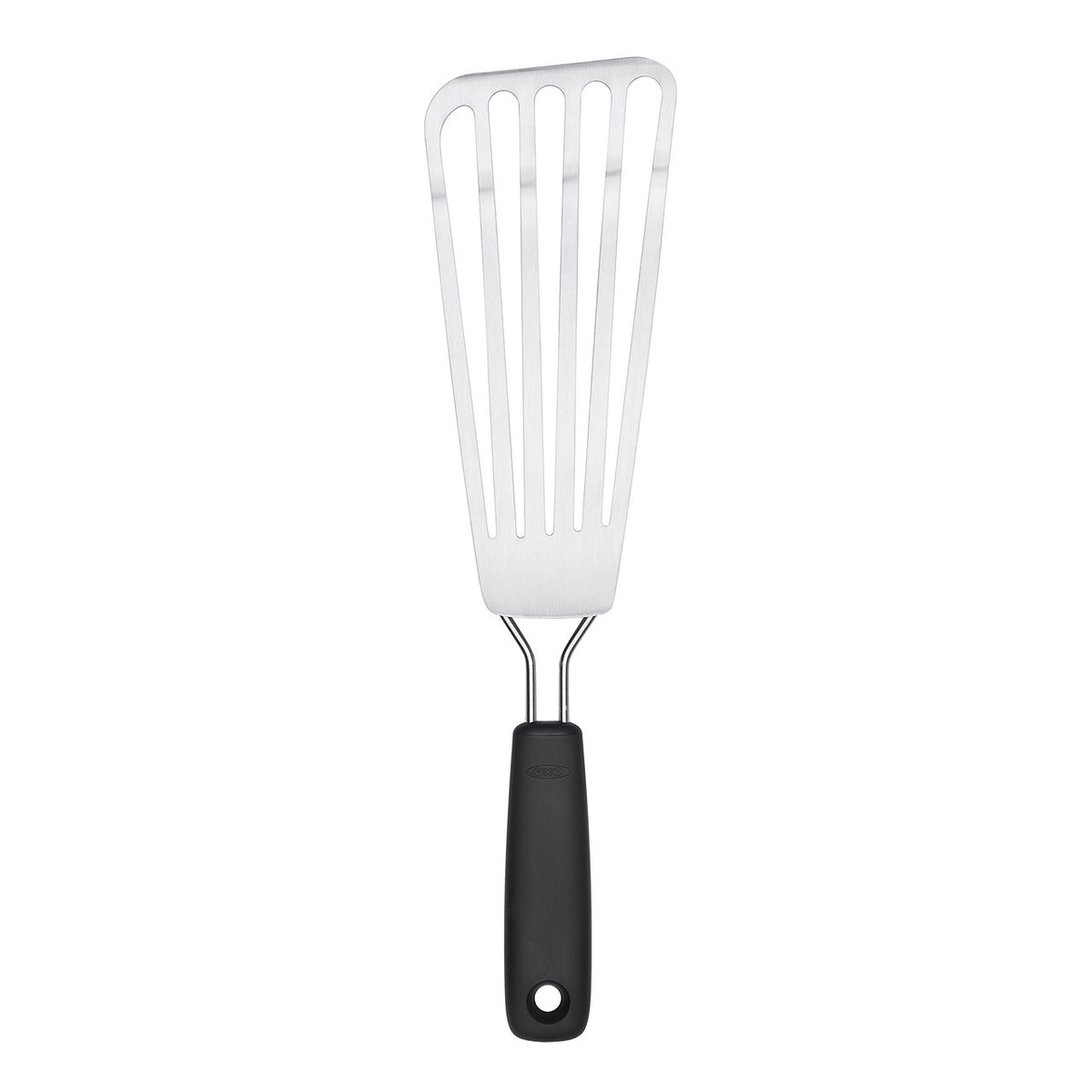 OXO Good Grips stainless steel fish turner with a slotted head and a black handle