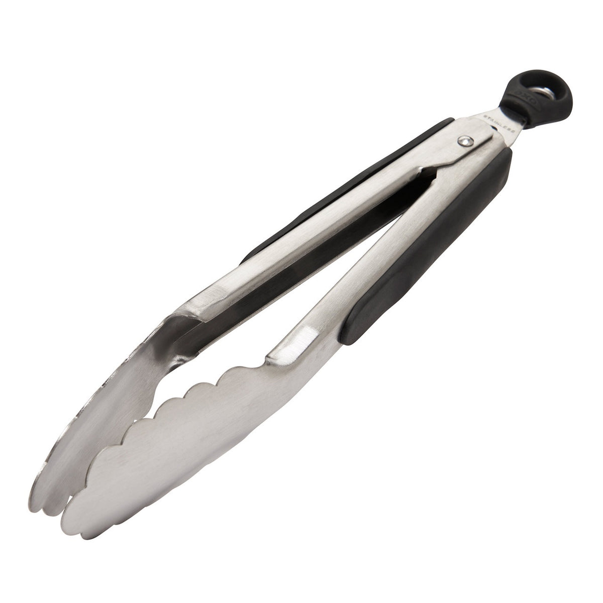 OXO Good Grips 23cm tongs in stainless steel with black grips and a locking loop