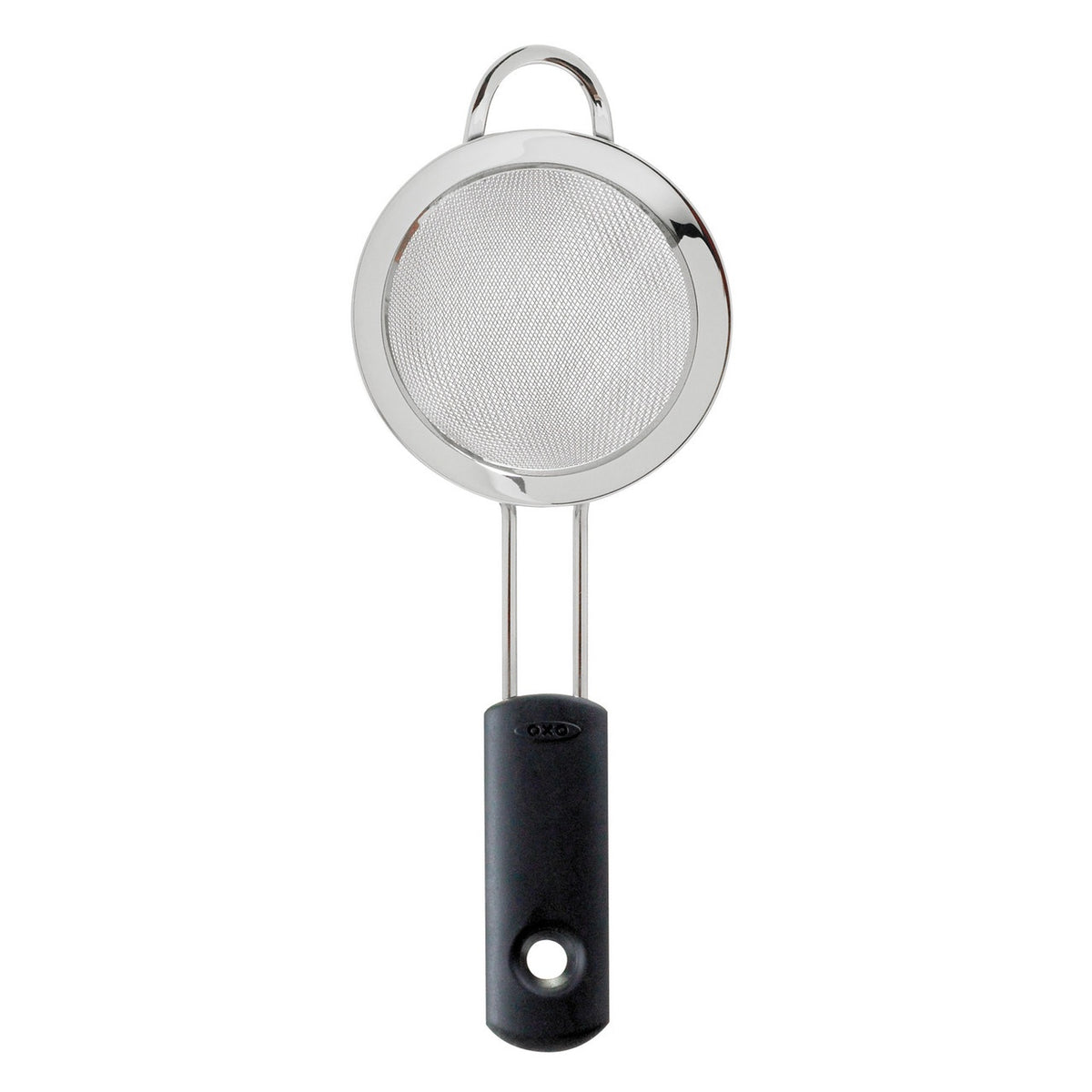 OXO Good Grips mini strainer with a fine steel mesh and a black handle