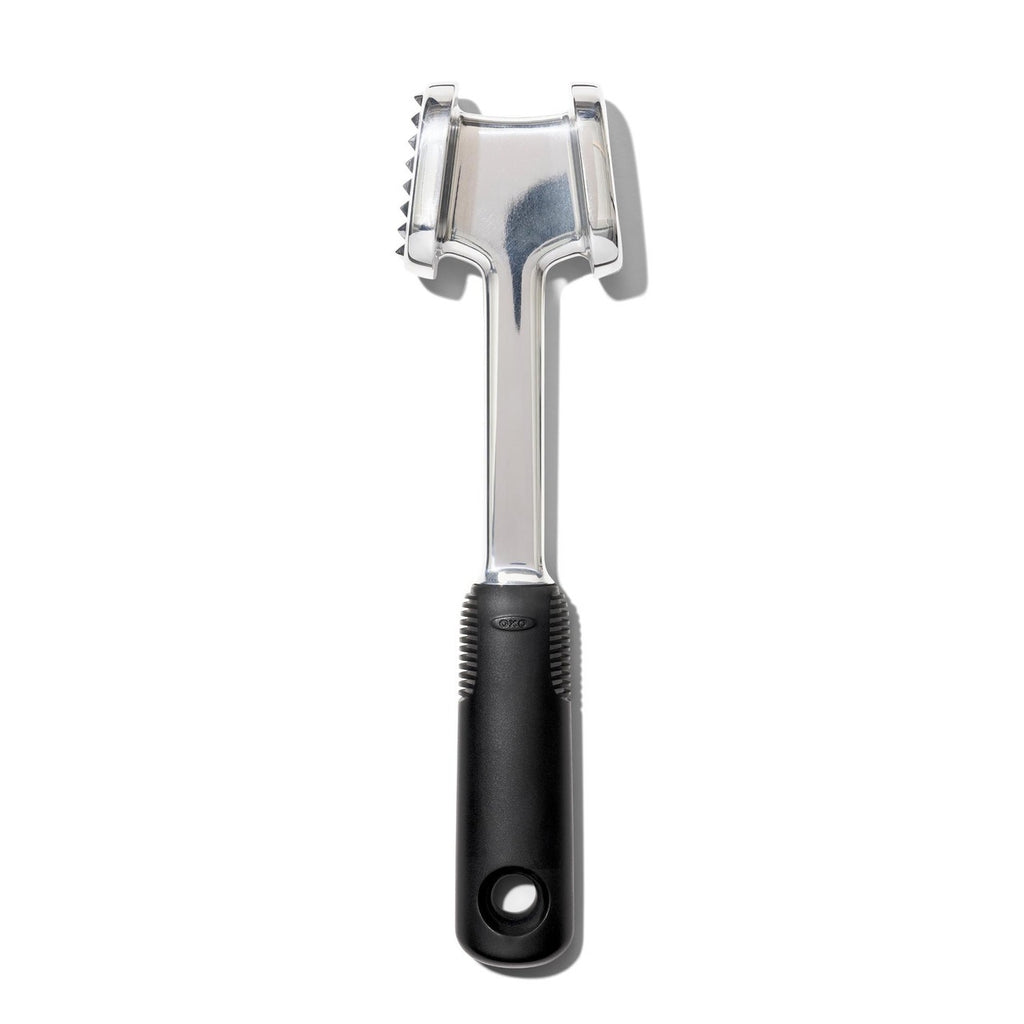 OXO Good Grips die cast meat tenderizer in polished metal with a black grip