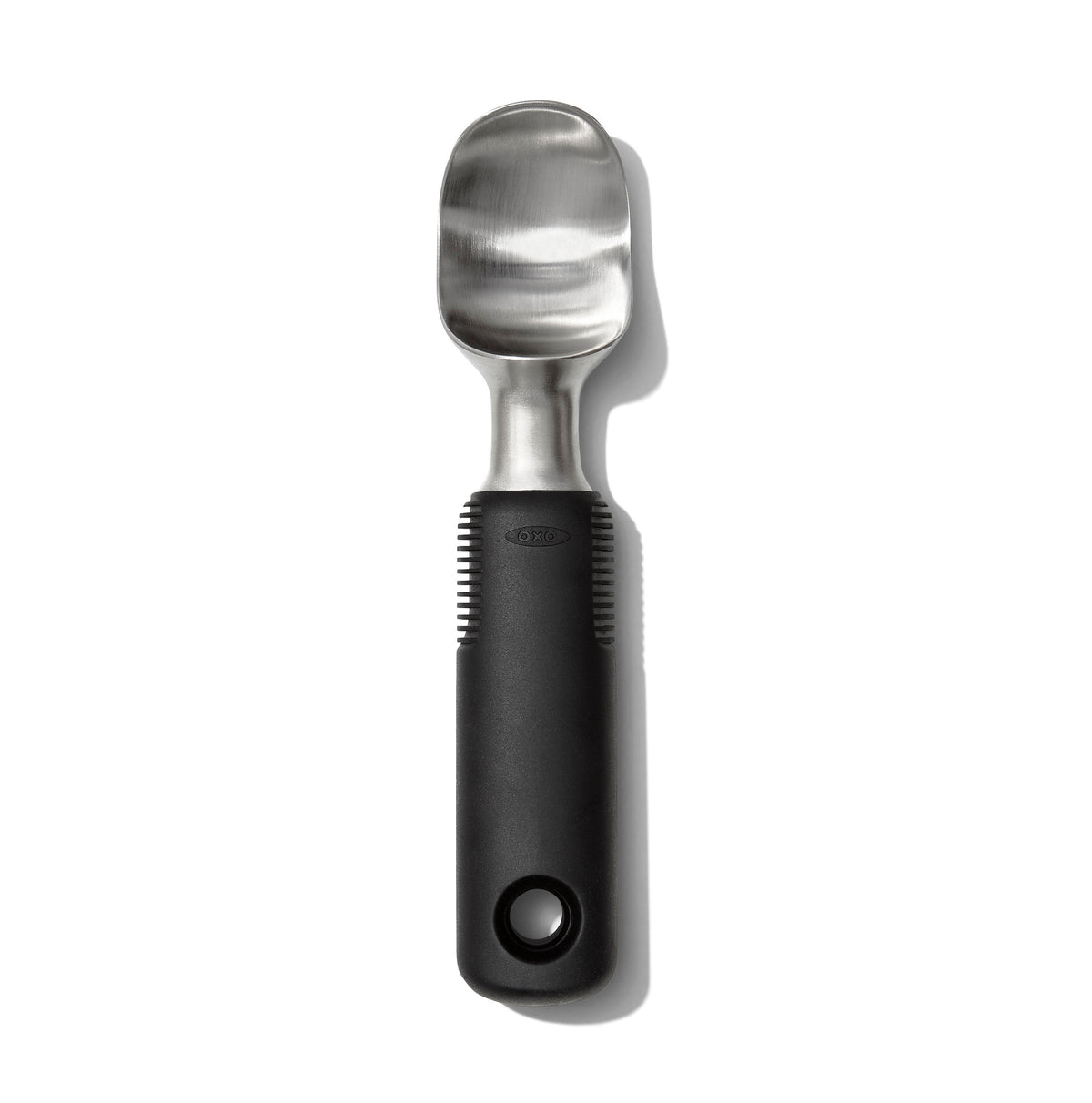OXO Good Grips stainless steel ice cream scoop with a black handle