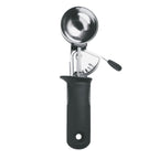 OXO Trigger ice cream scoop with a stainless steel bowl and a black handle