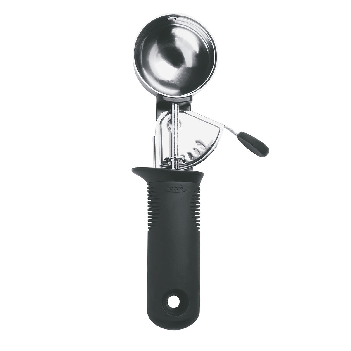 OXO Trigger ice cream scoop with a stainless steel bowl and a black handle