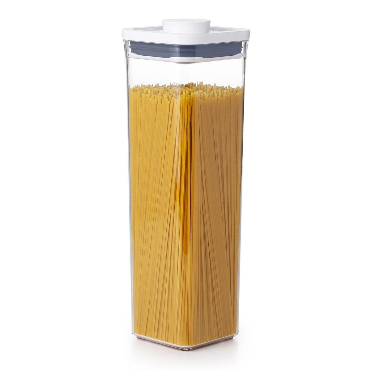 OXO Good Grips POP 2.0 tall small square container, 2.1 litre, filled with spaghetti and a white lid