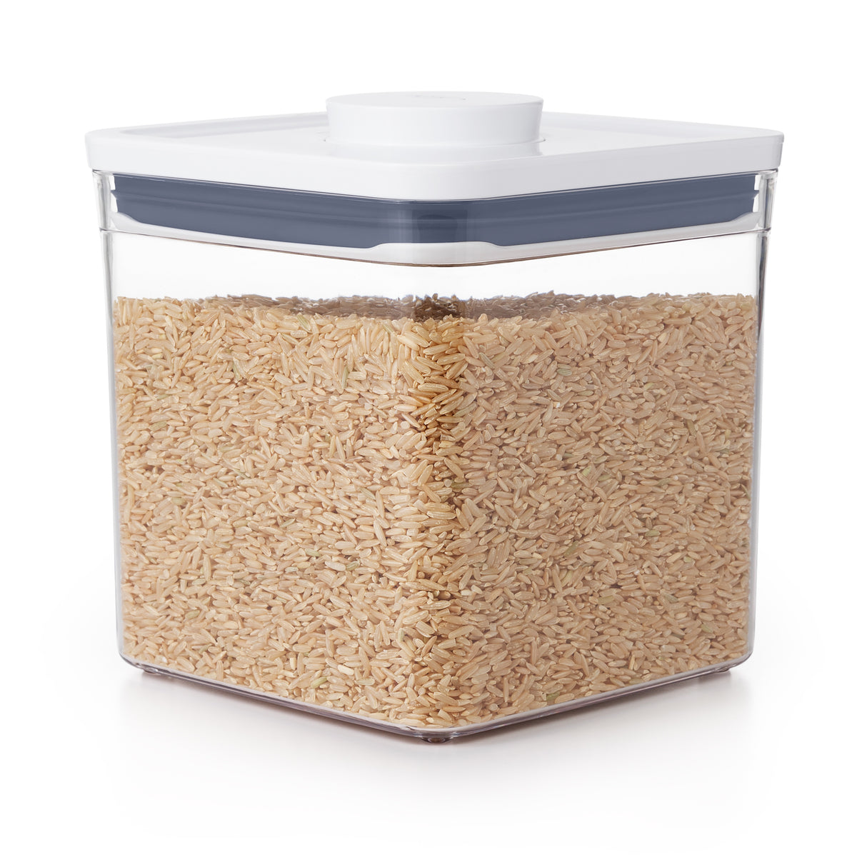 OXO Good Grips big square POP container, 2.6 litre, filled with brown rice, with a white lid