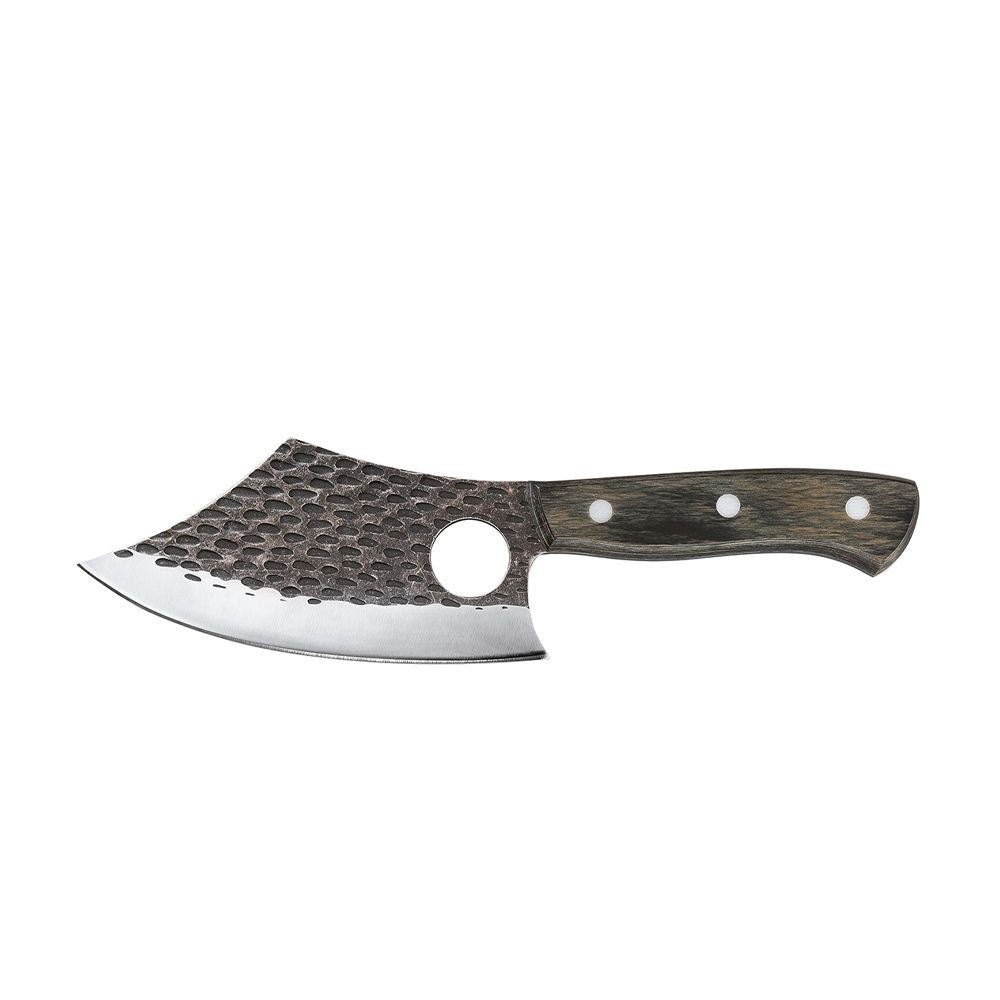 Zassenhaus Farmer chef's knife, 14cm, with a hammered blade and a wooden handle, shown with a leather sheath