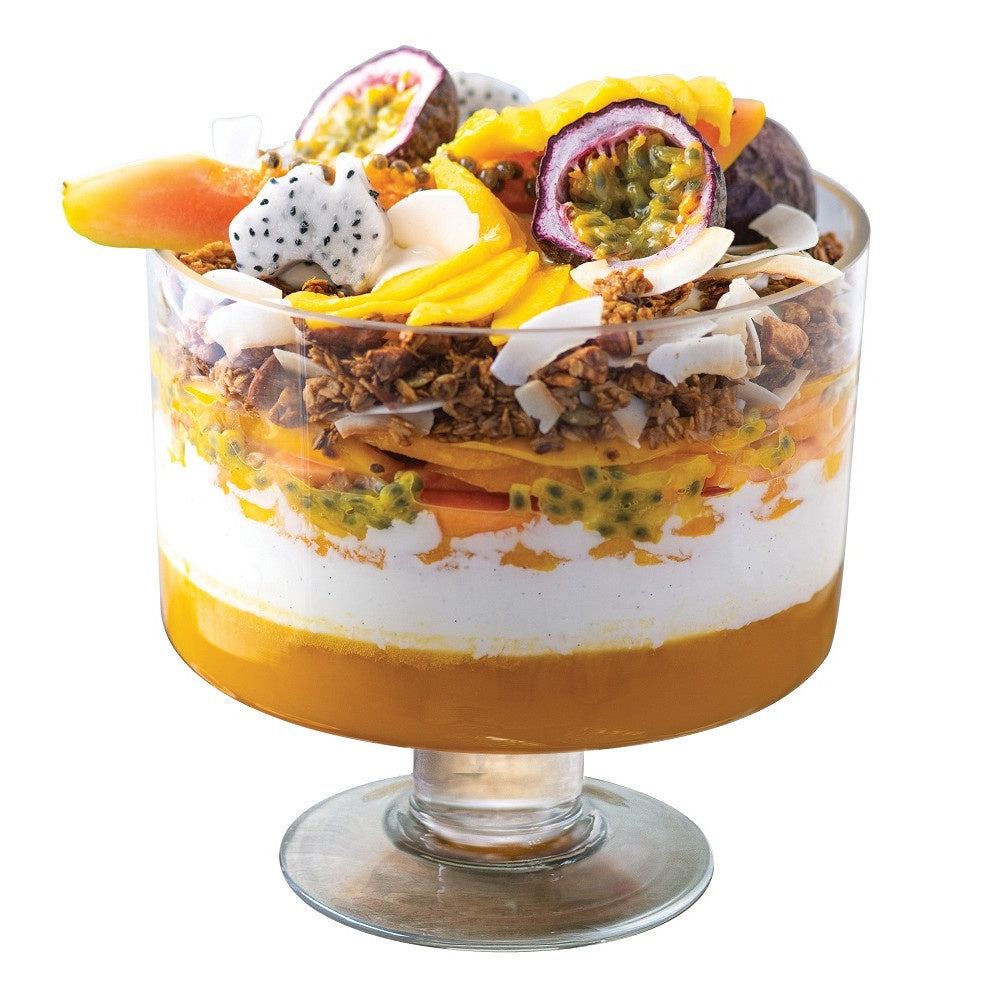 Wilkie Brothers Isla trifle bowl filled with a layered tropical fruit and granola trifle