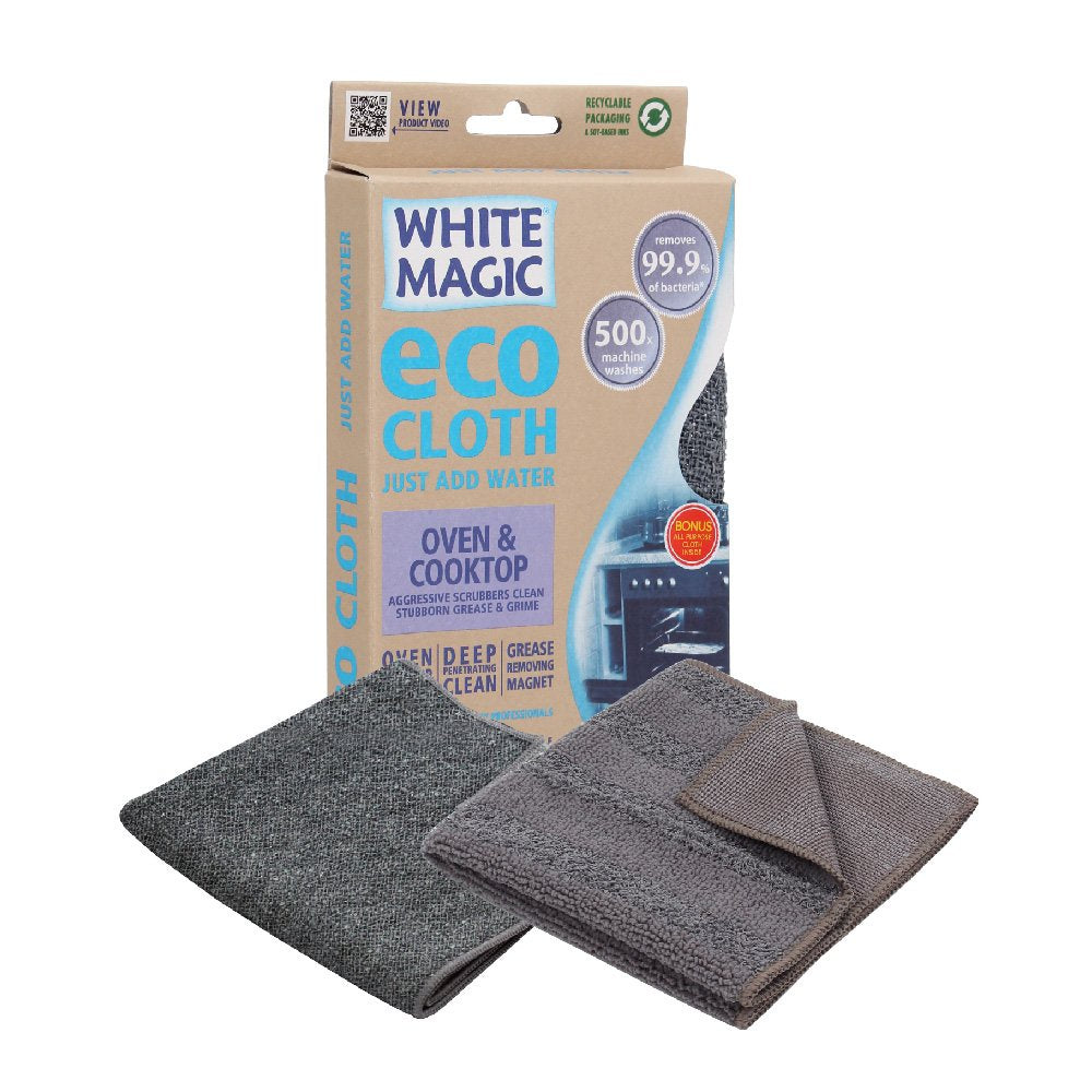 White Magic Eco Cloth Oven & Cooktop two pack with grey cloths and their box