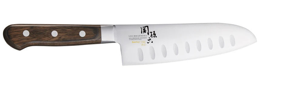 Kai Shun Seki Magoroku Benifuji Granton santoku knife, 16.5cm, with a hollow ground blade and a wooden handle