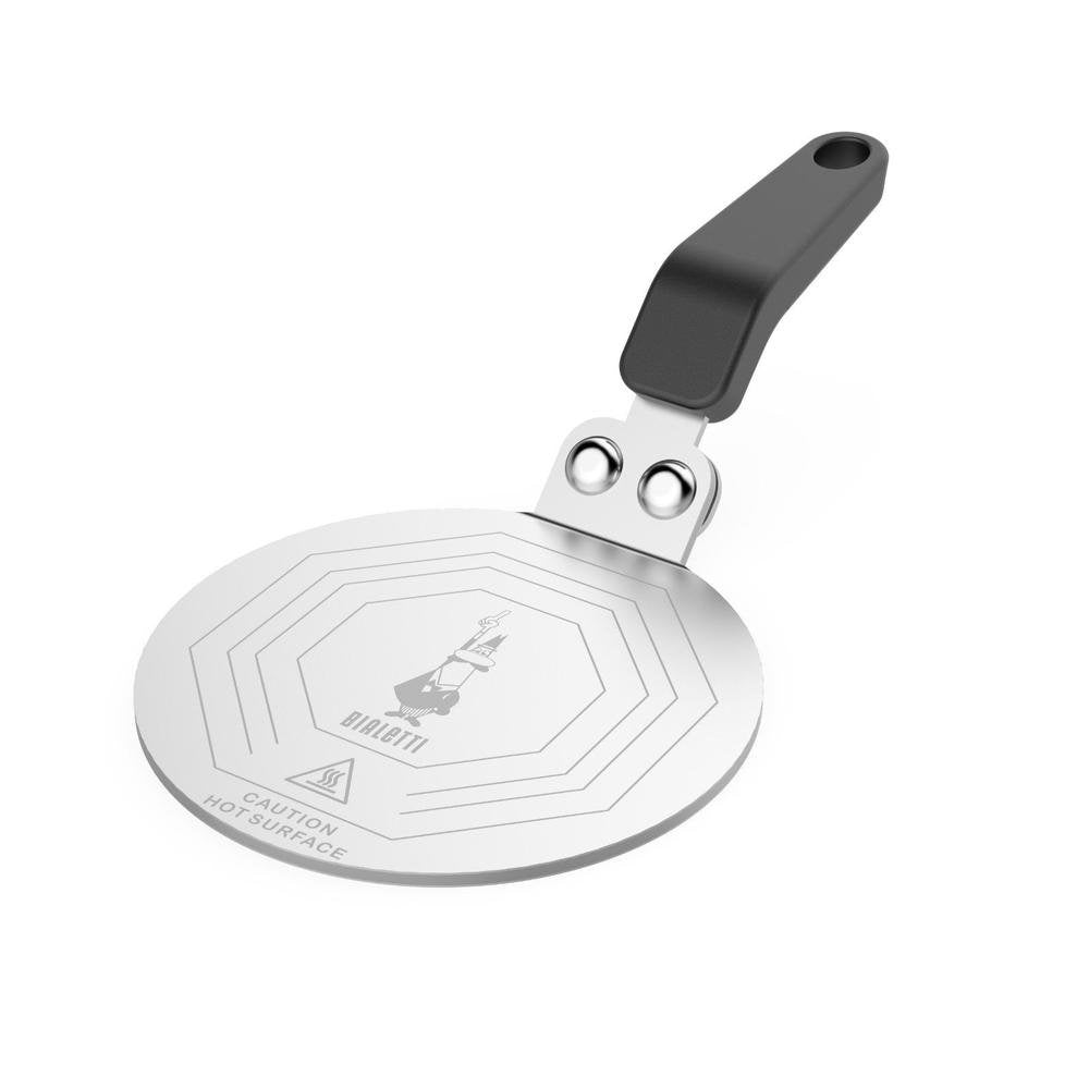 Bialetti induction plate, a round stainless steel adaptor disc with a folding black handle