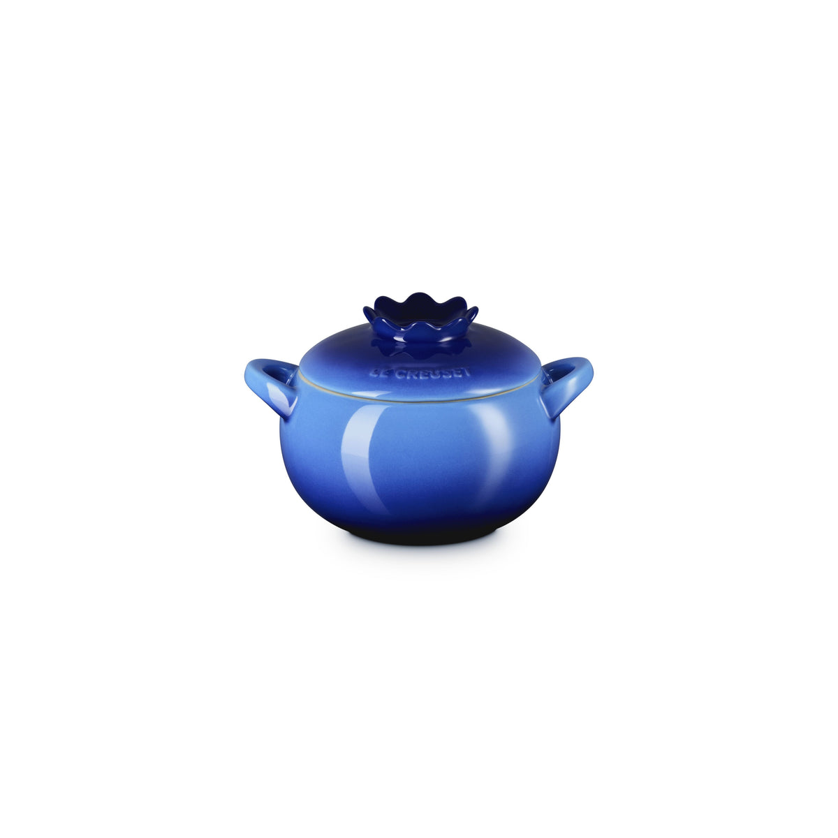 Le Creuset Blueberry cocotte, 480ml, in Azure blue with a flower-shaped lid knob and two handles