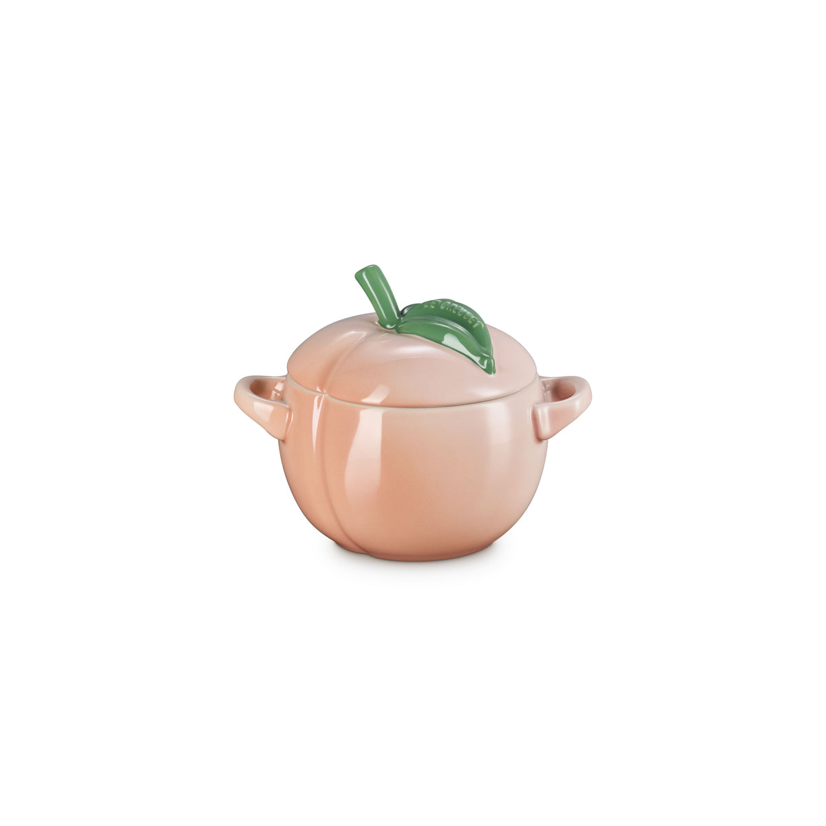 Le Creuset Peach cocotte, 580ml, in peach-shaped stoneware with leaf handles
