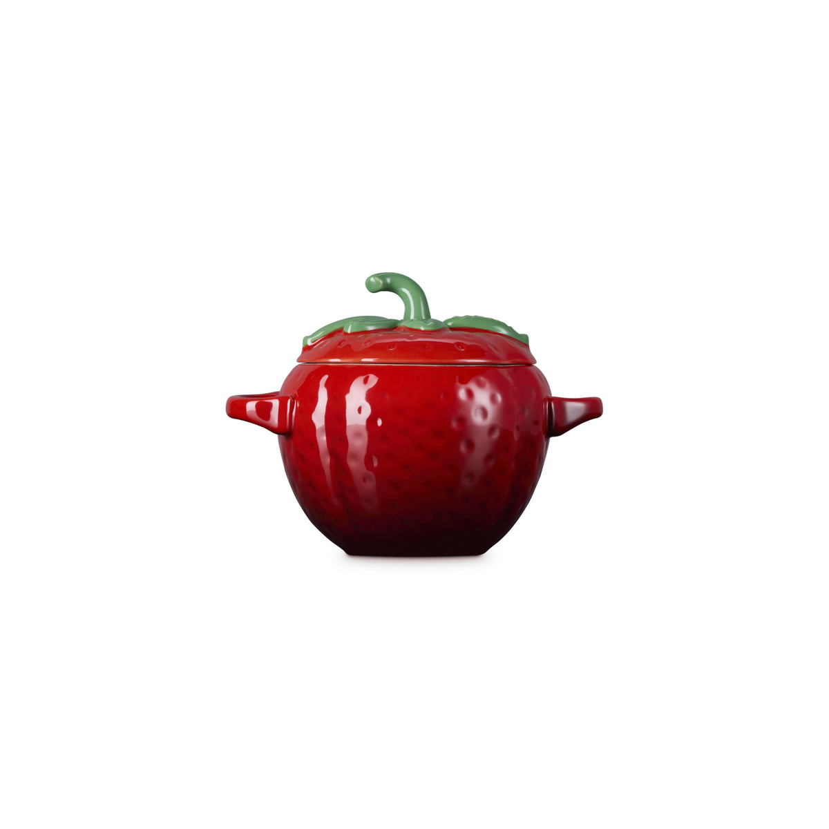 Le Creuset strawberry cocotte, 570ml, in Cerise red, shaped like a strawberry with a green stalk lid