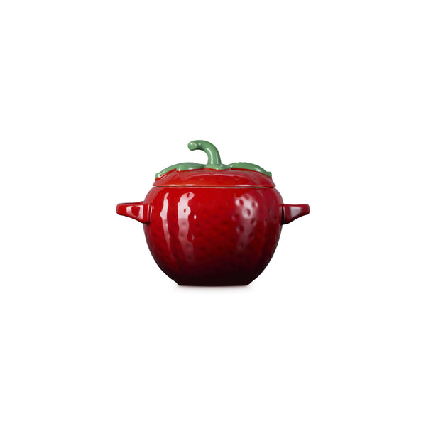 Le Creuset strawberry cocotte, 570ml, in Cerise red, shaped like a strawberry with a green stalk lid