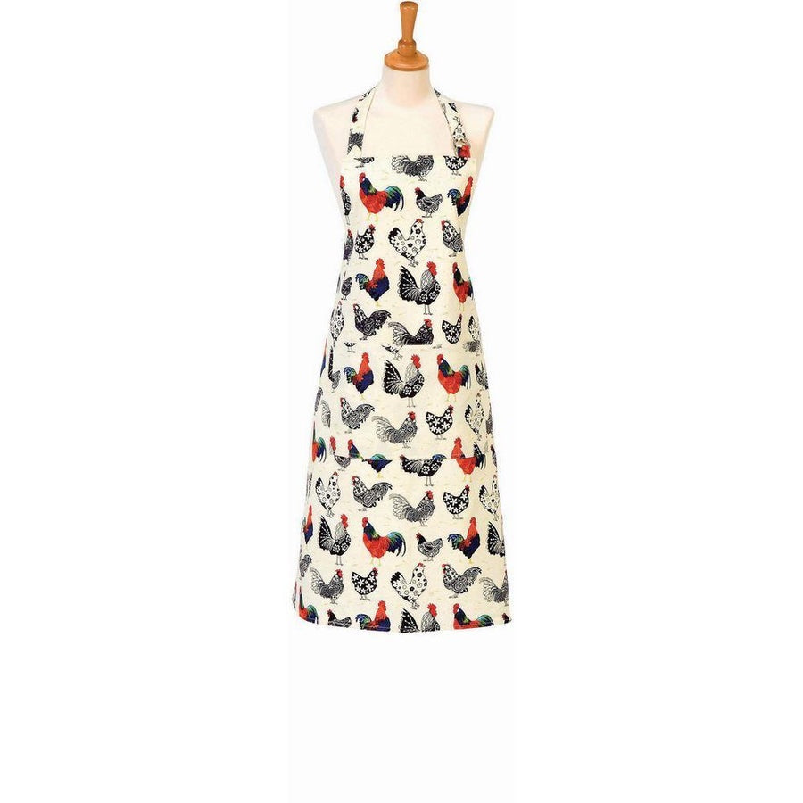 Ulster Weavers cotton apron with a rooster and hen print on cream, shown on a mannequin