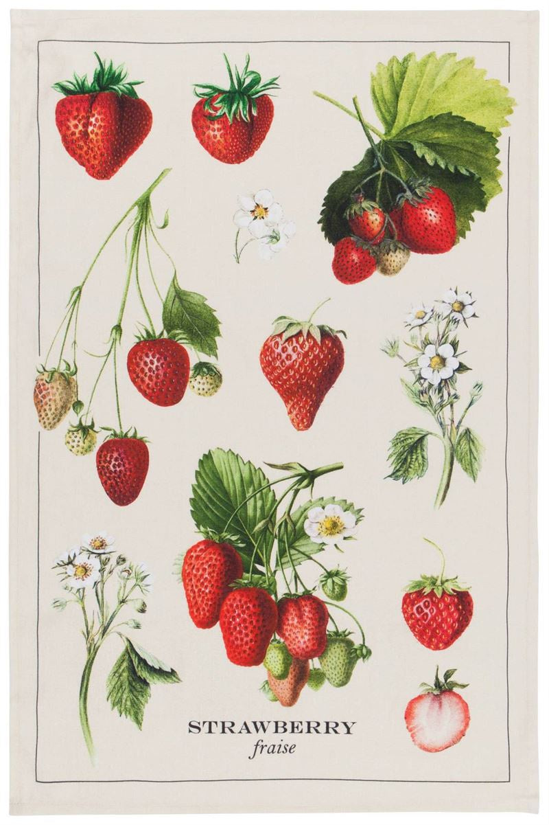 Now Designs Vintage Strawberries tea towel with illustrated strawberries, flowers and leaves
