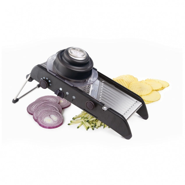 Progressive PL8 professional mandoline in black with sliced onion, zucchini and lemon