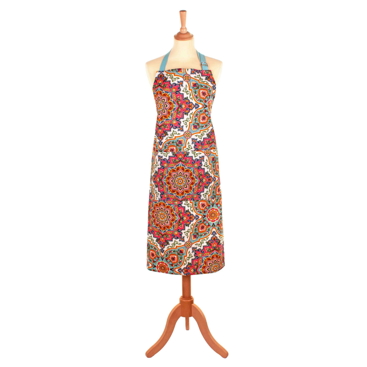 Ulster Weavers Moroccan Tiles cotton apron with a colourful mosaic pattern, shown on a mannequin