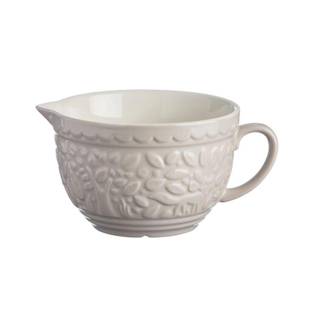 Mason Cash In The Forest owl batter bowl in cream with embossed woodland detail, a pouring lip and handle