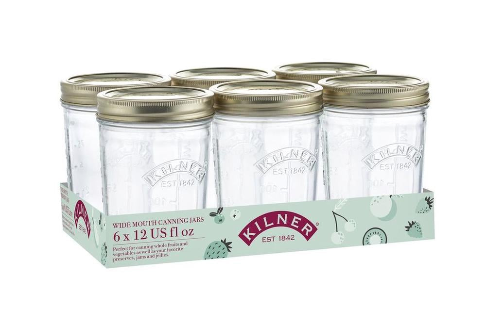 Kilner wide mouth preserve jar set of six, 12oz jars with gold lids, in their retail packaging