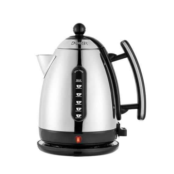 Dualit Lite 1.5 litre jug kettle in polished steel with a black base, handle and lid knob