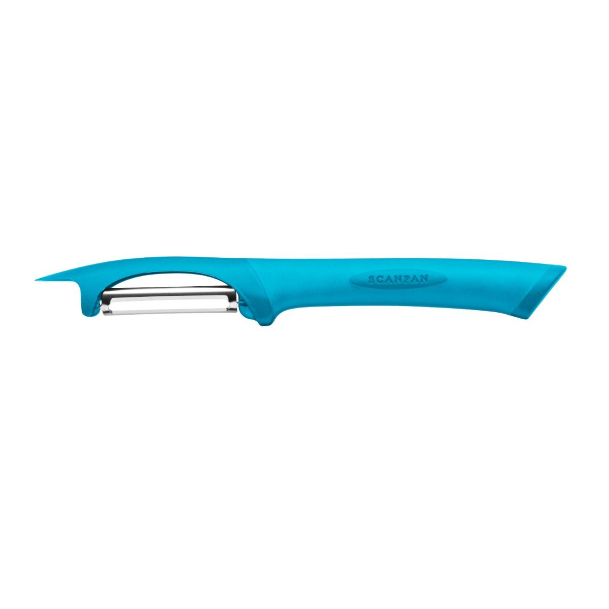 Scanpan Spectrum straight peeler with a teal blue handle and a stainless steel blade