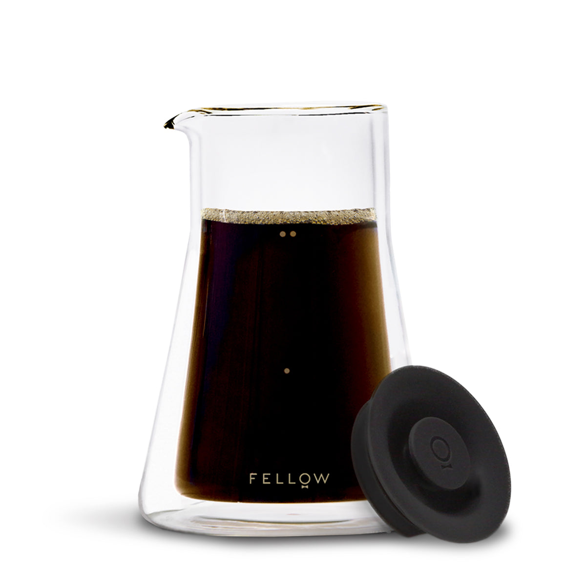 Fellow Stagg double wall carafe, 591ml, filled with coffee with a black lid